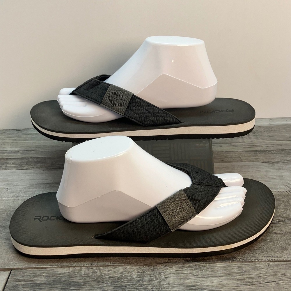 Rockin Footwear Mens Flip Flop Sandals Black White Size 12 F-HH Casual Beach